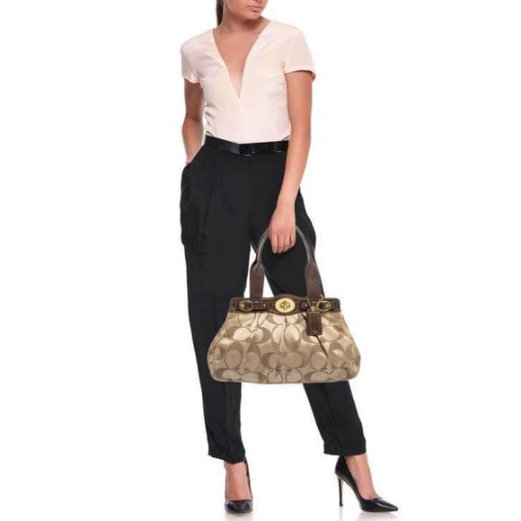 Coach Handbags - Coach Beige Brown Signature Canvas And Leather Garnet Shoulder Bag